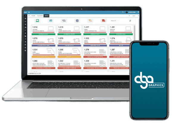 notebook e computador exibindo na tela o erp dga graphics